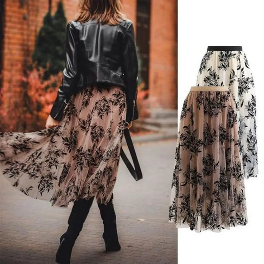 1Pc Soft Women A-Line Skirt 3D Embroidered Leaf Print High Waist Midi Skirt Double-Layered Mesh Tulle Elastic Waist Design Skirt