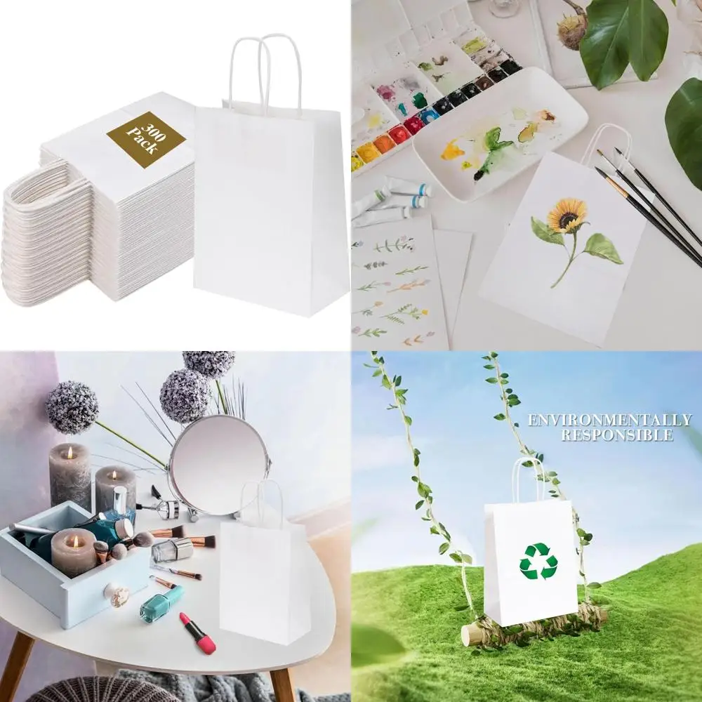 

300 Pack White Paper Bags with Handles, 5.95x3.25x8 Inches, Ideal for Party Favors, Shopping, and Merchandise