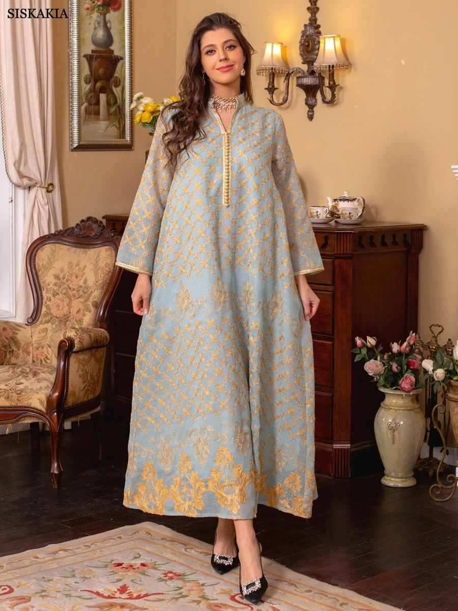 Ramadan Dresses Elegant Ethnic Floral Embroidery Kaftan Dress Moroccan Muslim Dubai Abaya Luxury Women Clothes 2023