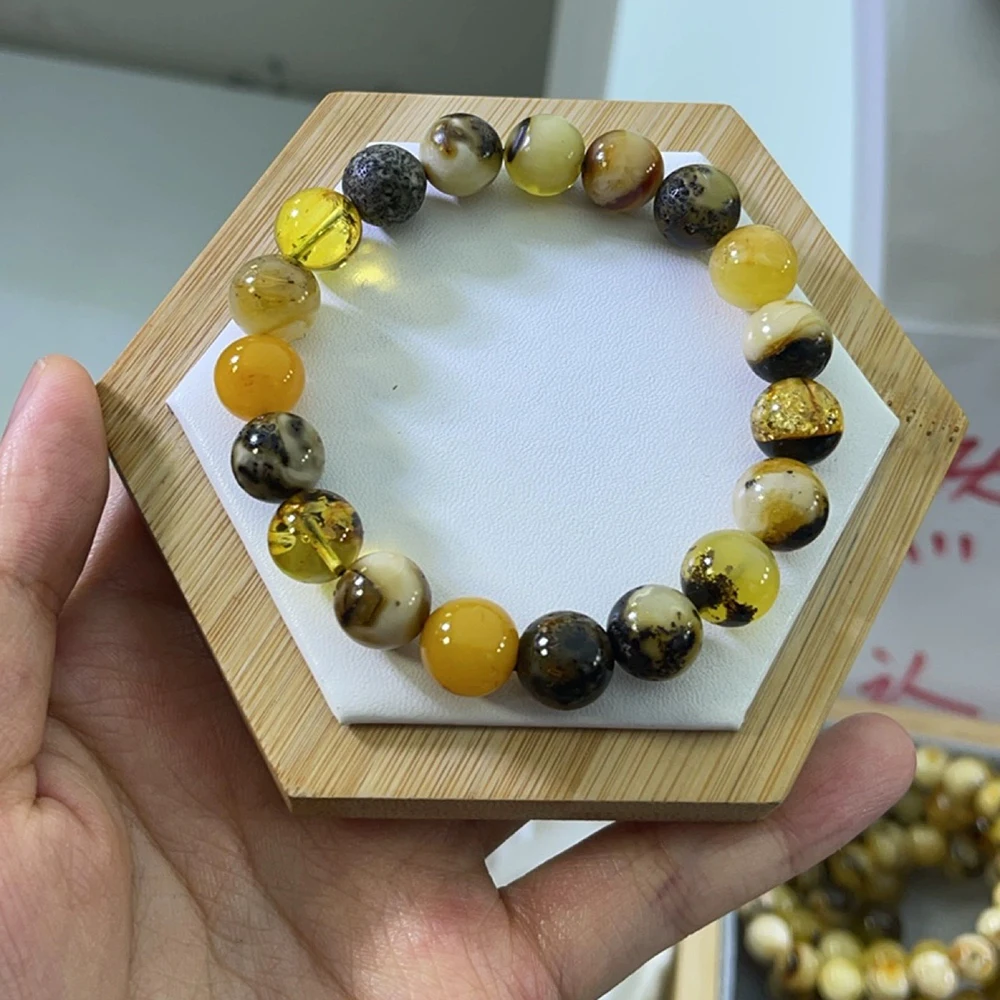 2024 New Baltic Amber Beeswax Bracelet Women's Fashion Bracelet Round Beads Amber Beads Jewelry Wholesale