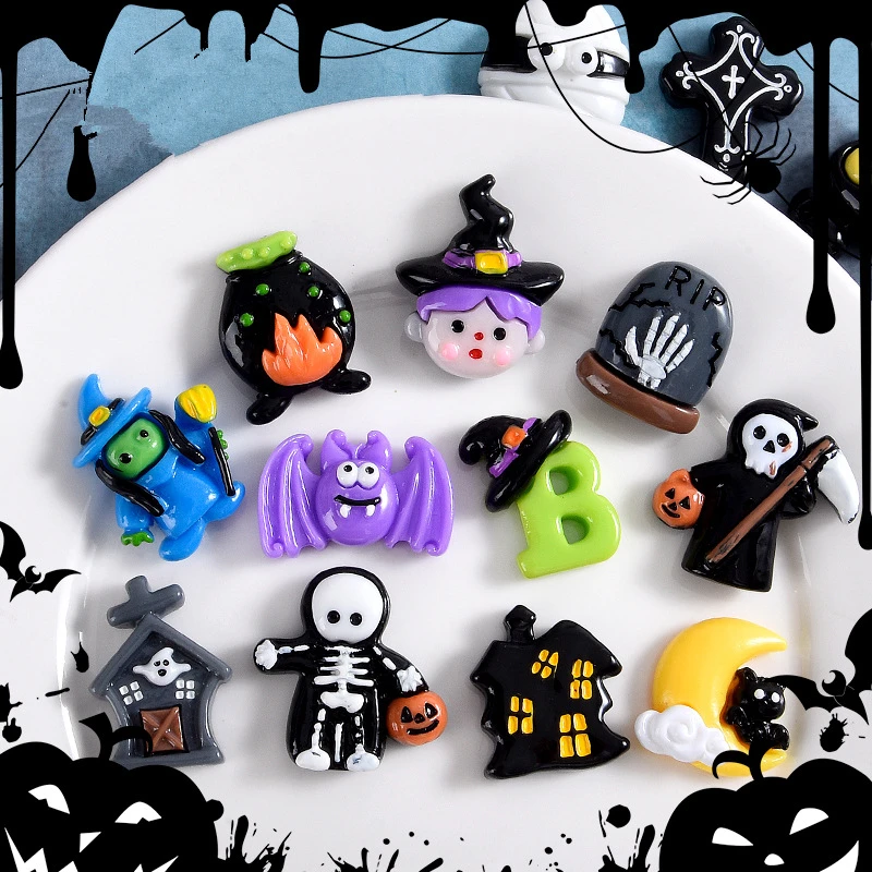 10Pcs Halloween Series Flatback Resin Pumpkin Skeleton Ghosts Cabochon Decor Accessories DIY Scrapbook Phone Charm Embellisments