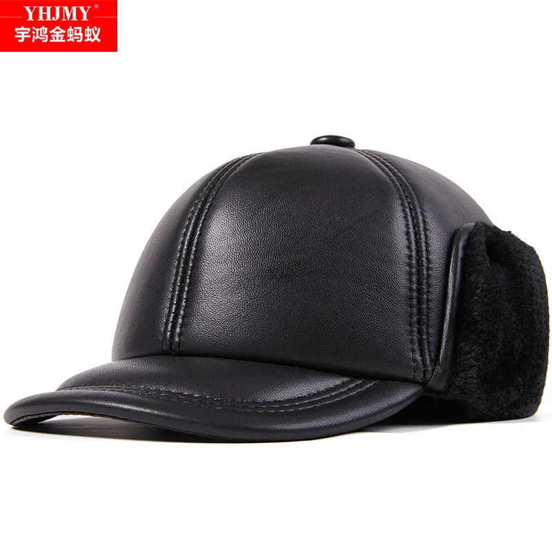 Leather hat men's winter thickened velvet in the elderly thermal cotton sheepskin duck tongue baseball cap Lei Feng hat