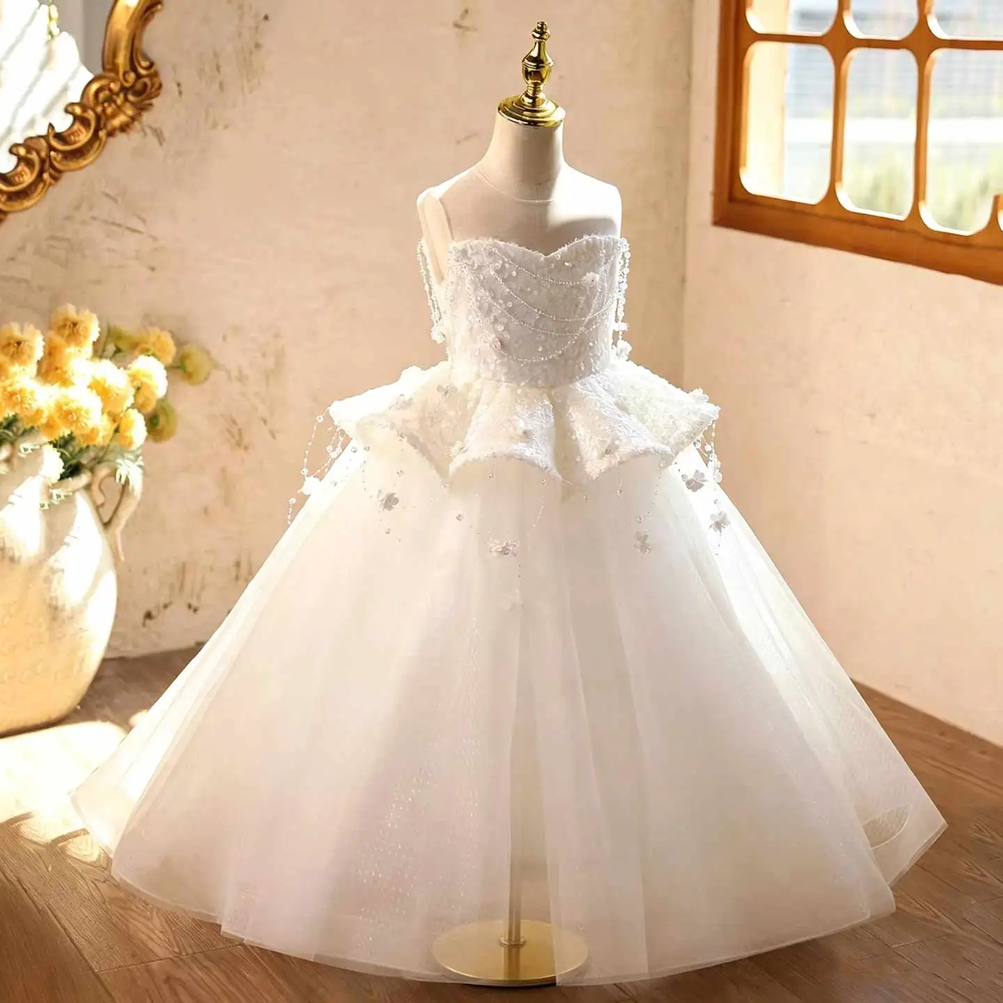 Jill Wish J628 White Pearl Beaded Girls Pageant Gown Strapless Sweetheart Peplum Tulle Ball Dress Wedding Flower Girl