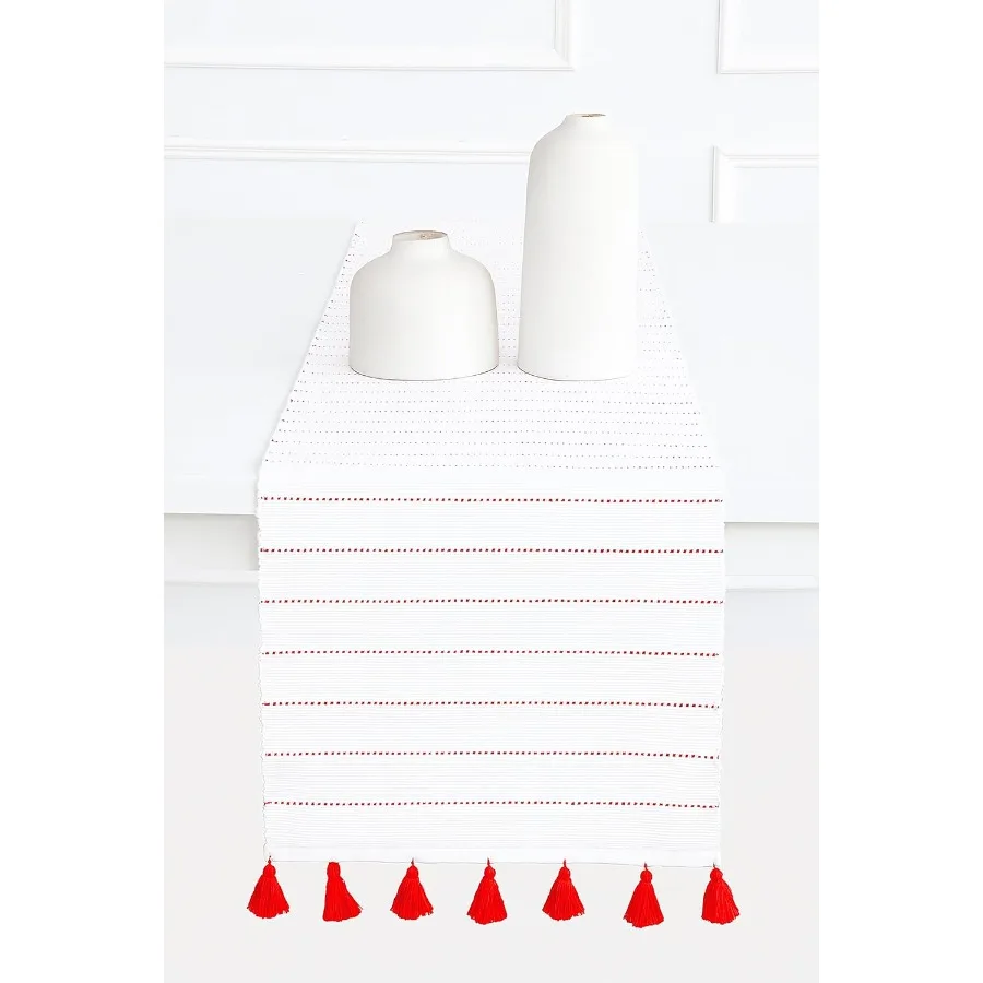 

Дорожка для стола в рубчик в полоску с несколькими кисточками Декор для столовой в фермерском доме Осень День Благодарения 14x72 Ih Красный и Белый