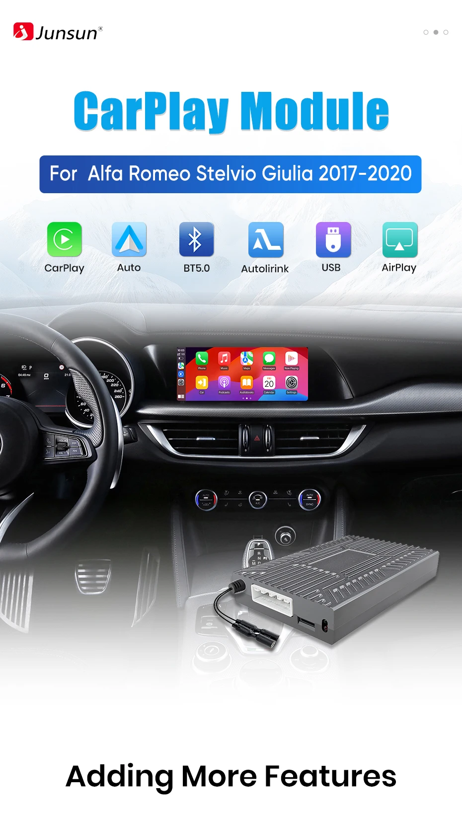 Junsun Wireless CarPlay Android Auto Interface Adapter für Alfa Romeo Stelvio Giulia 2017-2020 AirPlay Mirror Link Funktionen – Detail 1