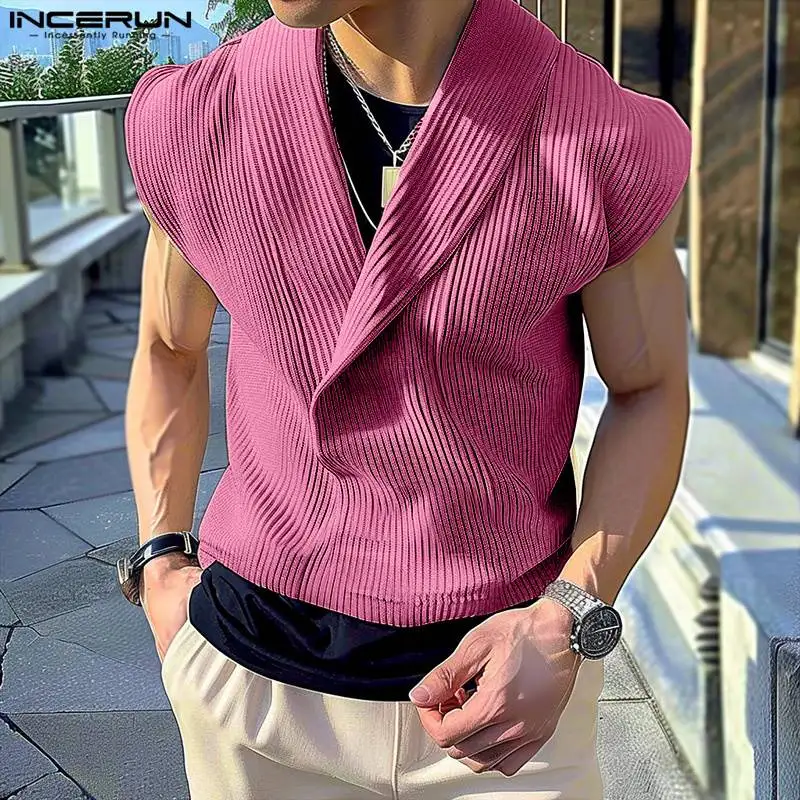 

INCERUN Tops 2024 Korean Style New Men's Knitted Fabric Solid Simple Shirts Casual Streetwear Male Sleeveless Lapel Blouse S-5XL