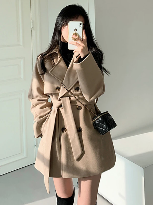 

Retro Sle Women's Woolen Coat Belted Ele Outerwear Long Sve Double Breasted Lapel Pure Color Commute Friendly