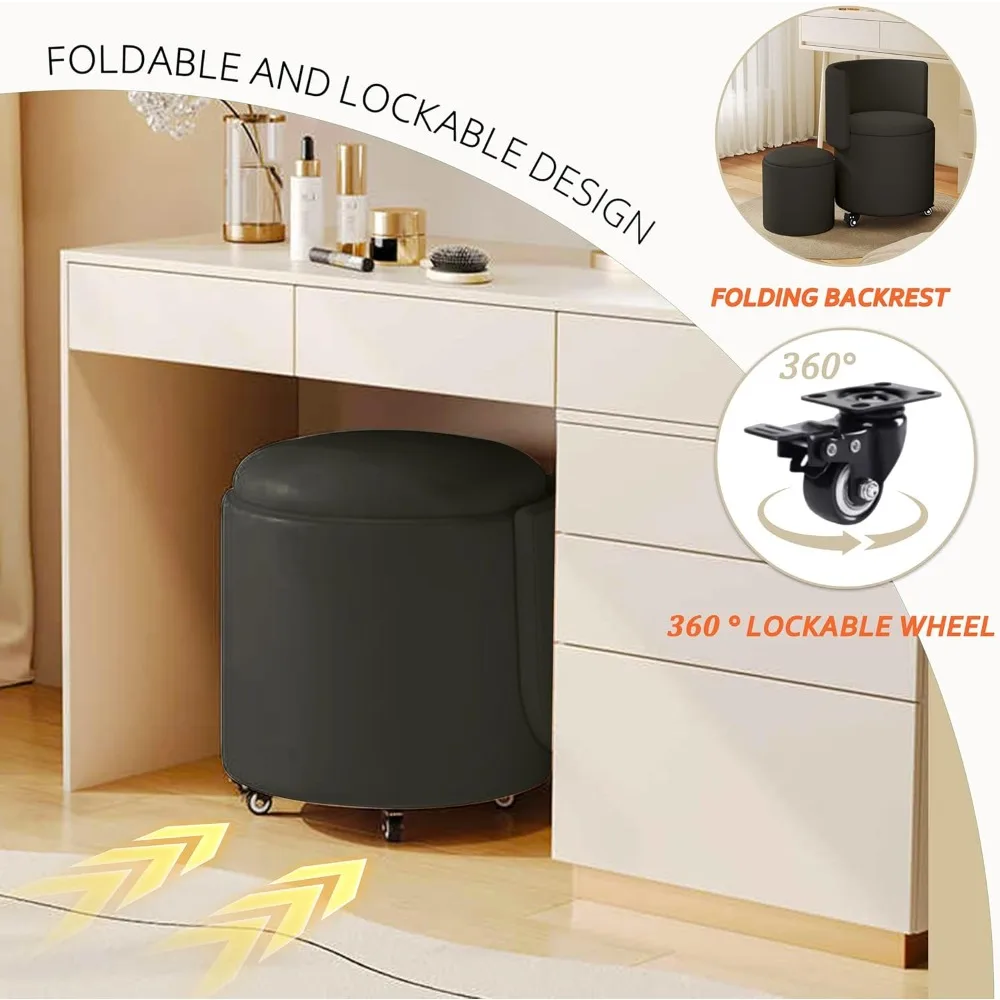 كرسي مستدير مع مساحة تخزين، كرسي مكياج دوار من جلد البولي يوريثان مع ظهر قابل للطي، عثماني منجد لـ B #4
