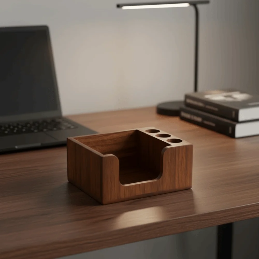Nordic Style Wooden Desk Organizer Rectangular Non-slip Sticky Note Holder Polished Surface 3 Pen Slots Sticky Note Stand