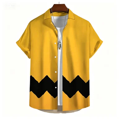 2026 Simple Yellow Background, Fine Black Wavy Hem, Short Sleeved Shirt, Retro Casual Men's Shirt - view 2
