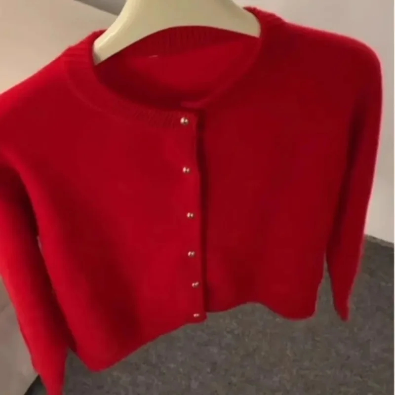 Elegant European Style Women Autumn Winter Soft Raccoon Fleece Knit Cardigan New Year Red Button Sweater Coat Daily Party S-2XL