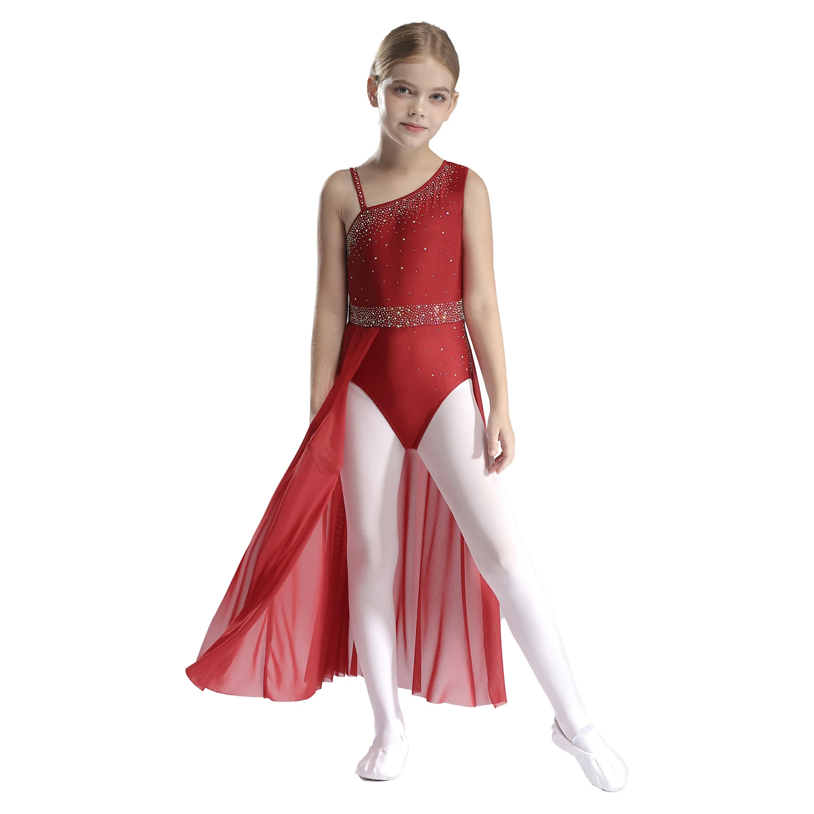 Vestito da ballo lirico moderno per bambina, balletto, pattinaggio, ginnastica, costume da performance, body in rete trasparente con spacco laterale con strass