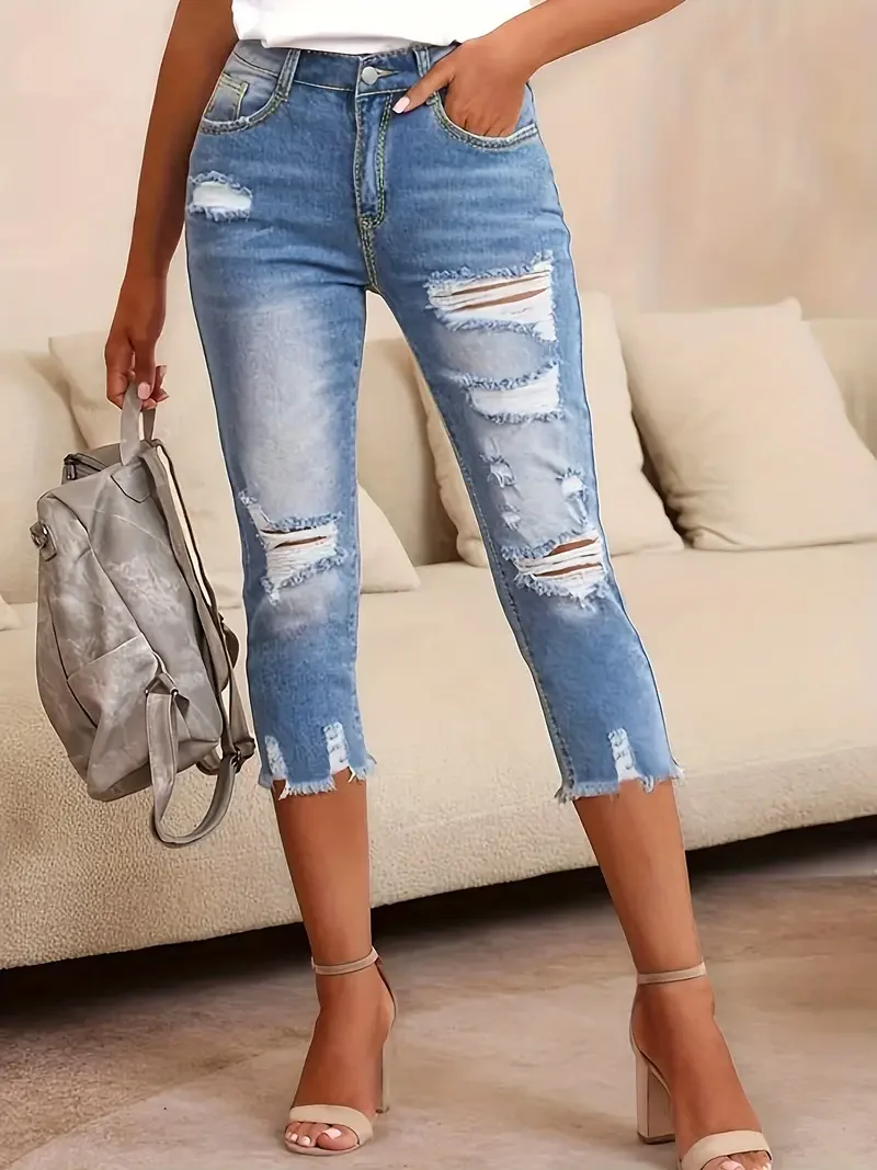 Women Stretchy Button Jeans Ripped Raw Hem Casual Capri Jeans