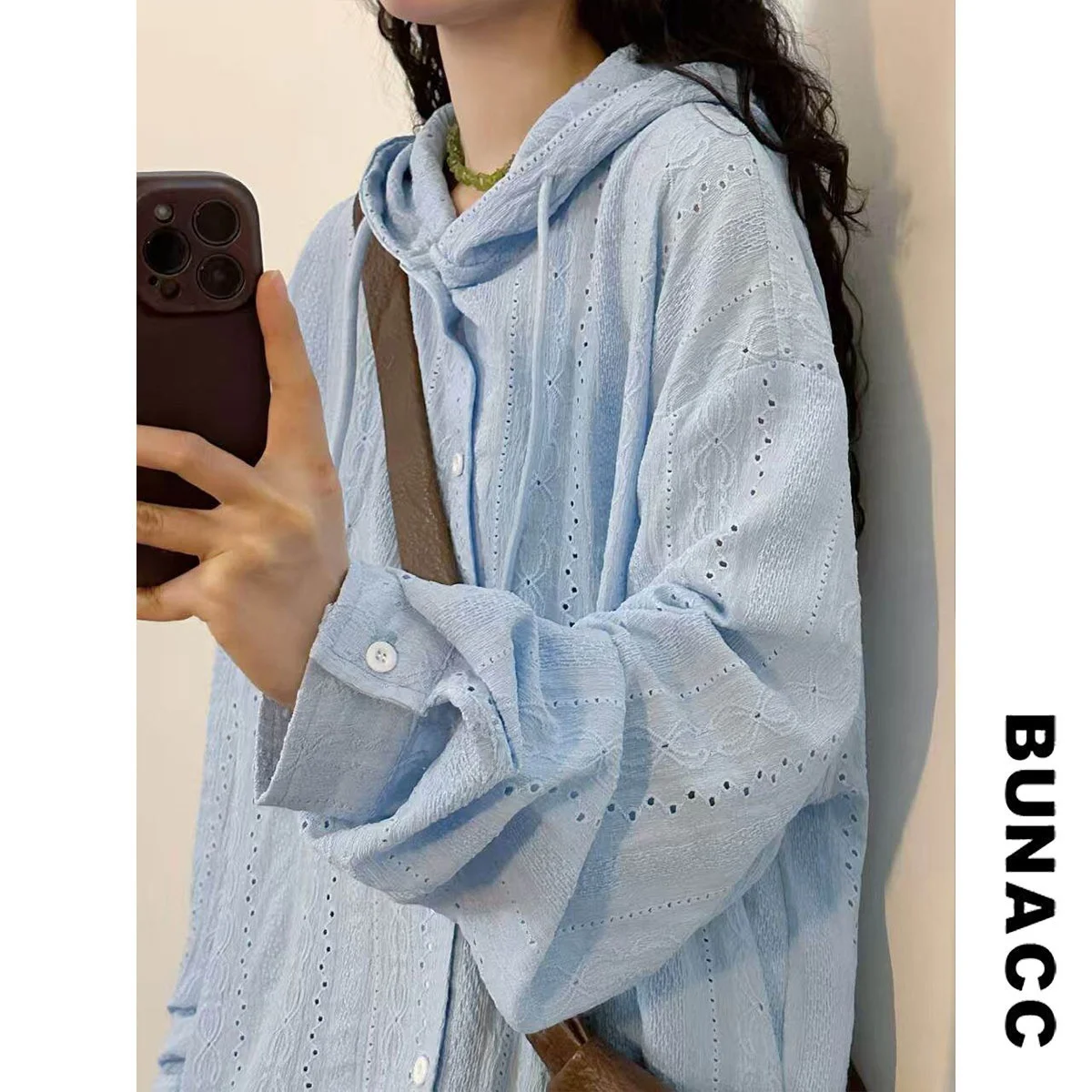 

BUNACC Early Autumn American Retro Lazy Style Casual Hollow Stripe Embroidery Hooded Long Sleeve Versatile Shirt Top