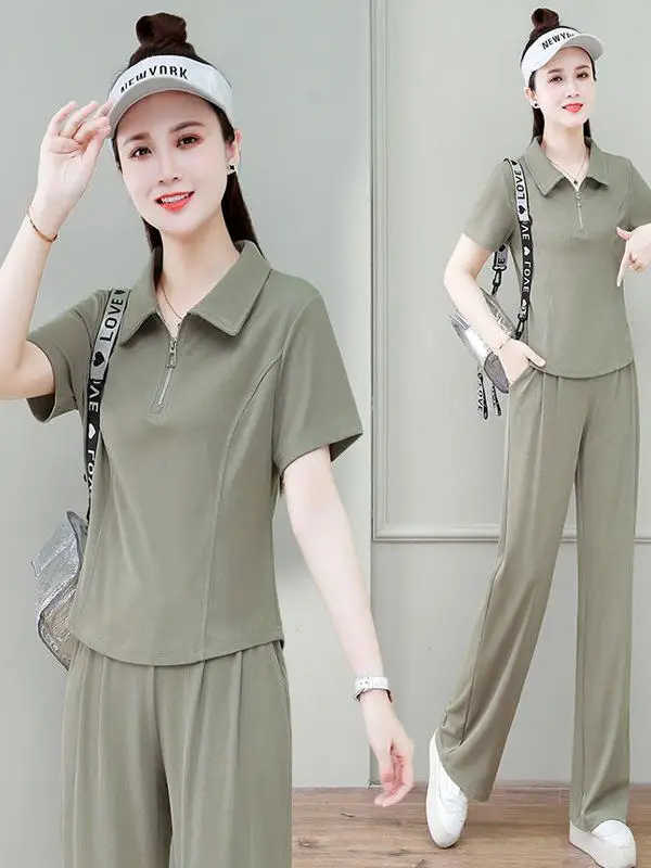 

Fashionable Casual Sportswear Set Women Summer New Loose Lapel Short Sleeve Wide Leg Pants Two Piece Set plus Size Korean Style