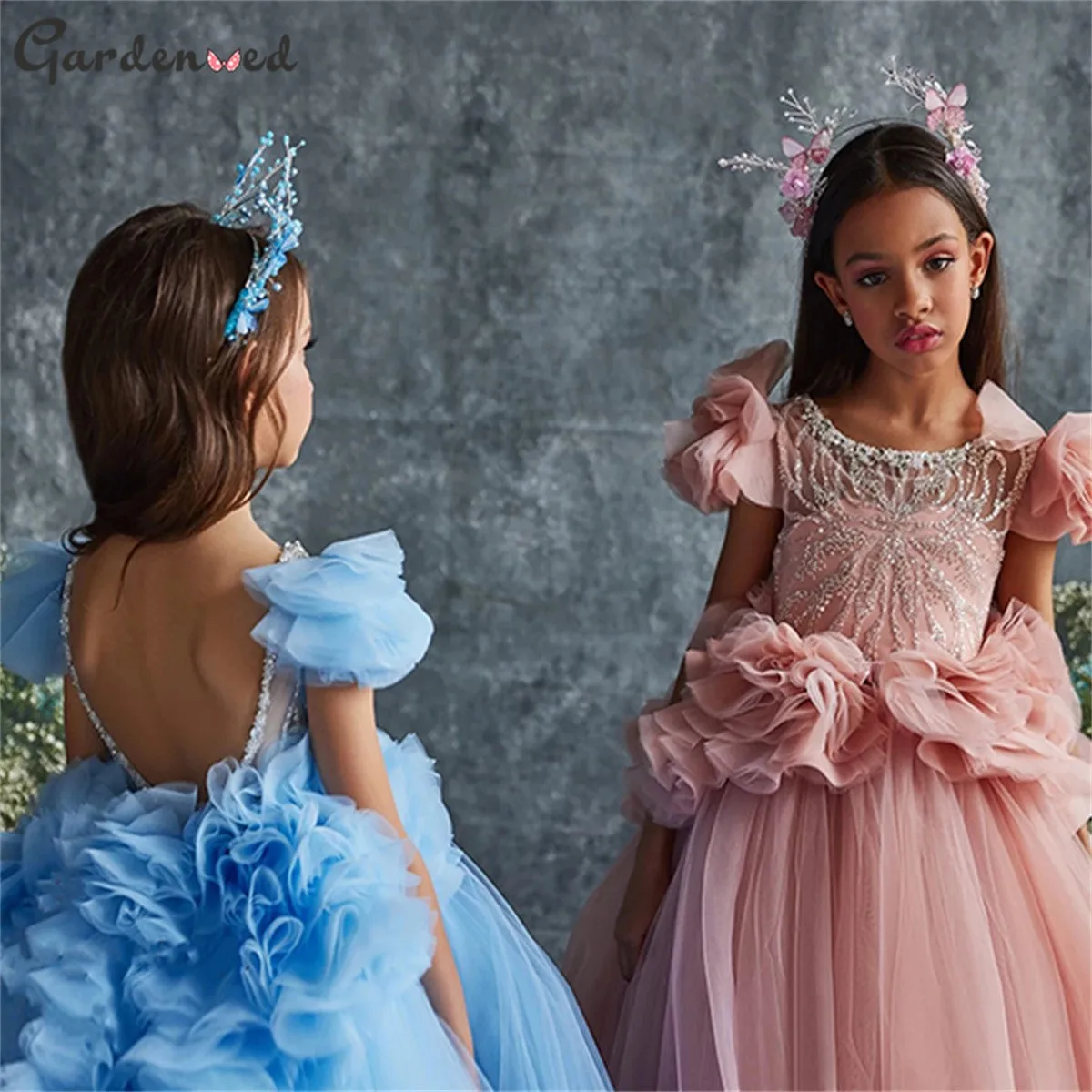 

Elegant Beading Applique Flower Girl Dress For Wedding Tulle Backless Puffy Princess Birthday Party First Communion Ball Gowns