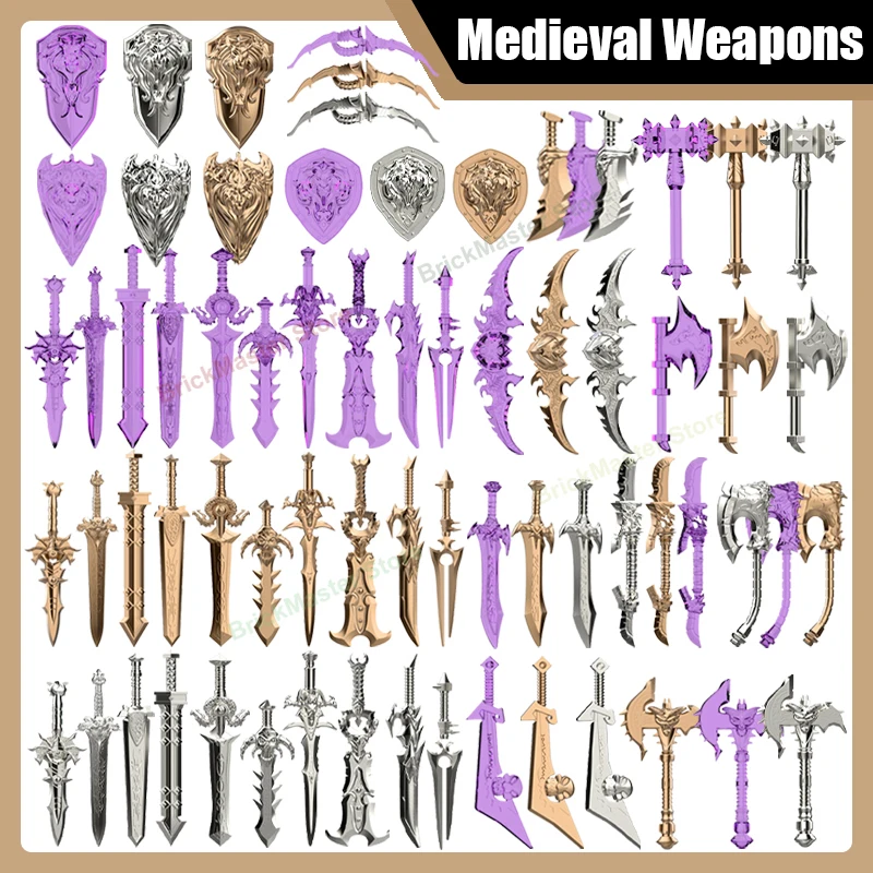 

MOC Средневековый замок, рыцарь, аксессуары, строительные блоки, армейский военный воин, меч, пехотный щит, боевая сцена, кирпичи, игрушки, подарки