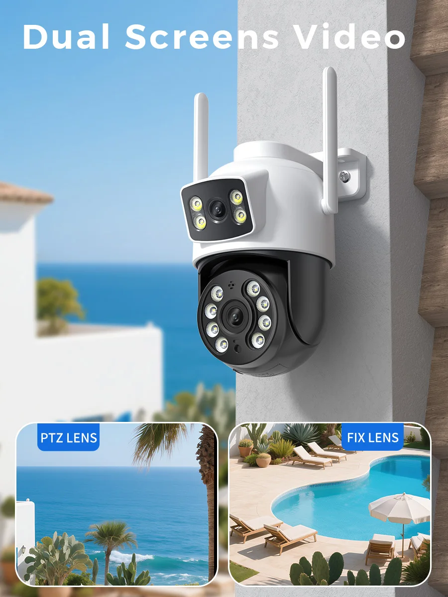 كاميرا iCSee Wifi PTZ خارجية 5K 10MP HD عدسة مزدوجة الأمن IP 4K 8MP AI تتبع ONVIF CCTV كاميرا مراقبة واي فاي