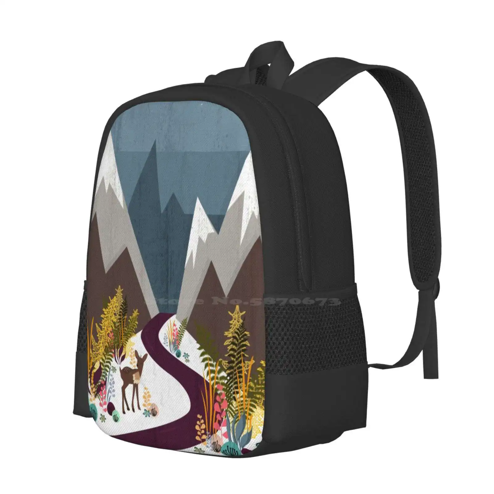 November 3d Print Design Backpack Student Bag November Winter Landscape Nature Deer Kakel Mountain Blue Grey White Scenery Moon