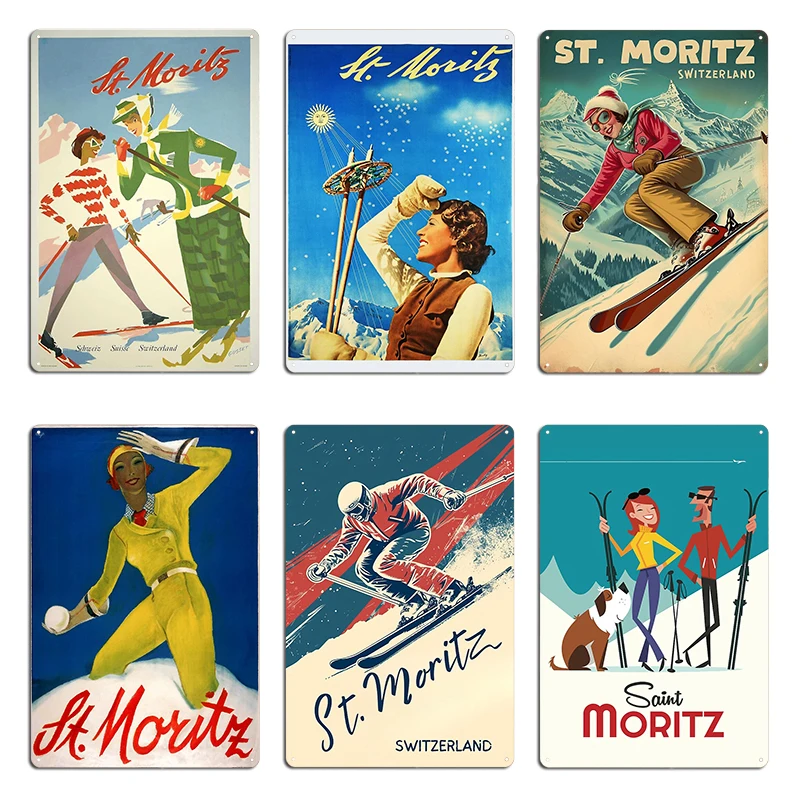 Póster de viaje de Suiza con puente de esquí de St Moritz, cartel de Metal para Club, Bar, placa de pared, pintura de St Moritz, cartel de estaño para esquí, 1928