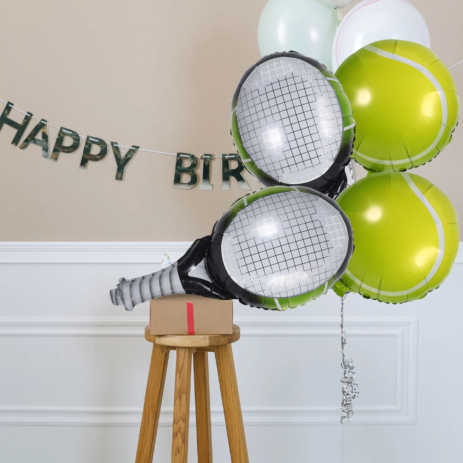 

6 Pieces Tennis Ball Racket Balloons 18 Inch Light Color Balls Green Rackets Foil Aluminum Balloons Hanging Design