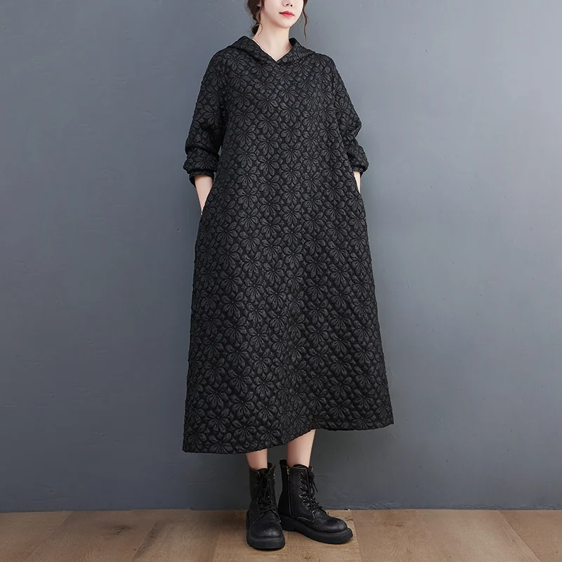 #3336 Black Red Sweatshirt Hooded Dresses Women Warm Thick Pullovers Straight Long Vintage A Line Dress Female Midi Loose Winter