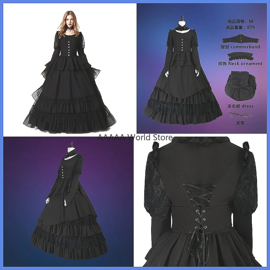 

Готическое платье в стиле Лолита для женщин, черное макси-платье в викторианском стиле для Хэллоуина и косплея