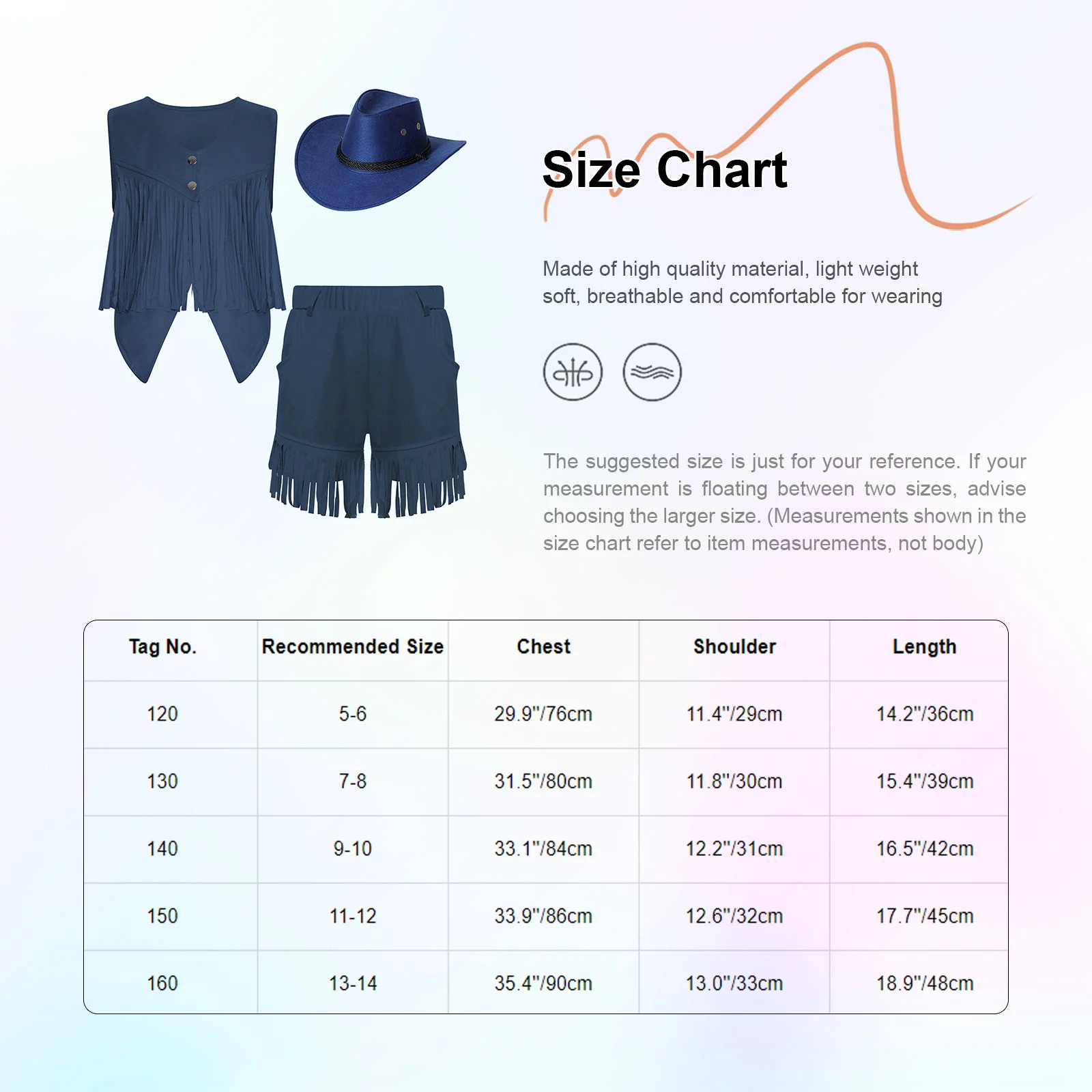 Kids Girls Boys 3Pieces Cowgirl Cowboy Costume Sleeveless Irregular Hem Press Buttons Faux Suede Fringe Vest+Shorts+Hat Set view 6