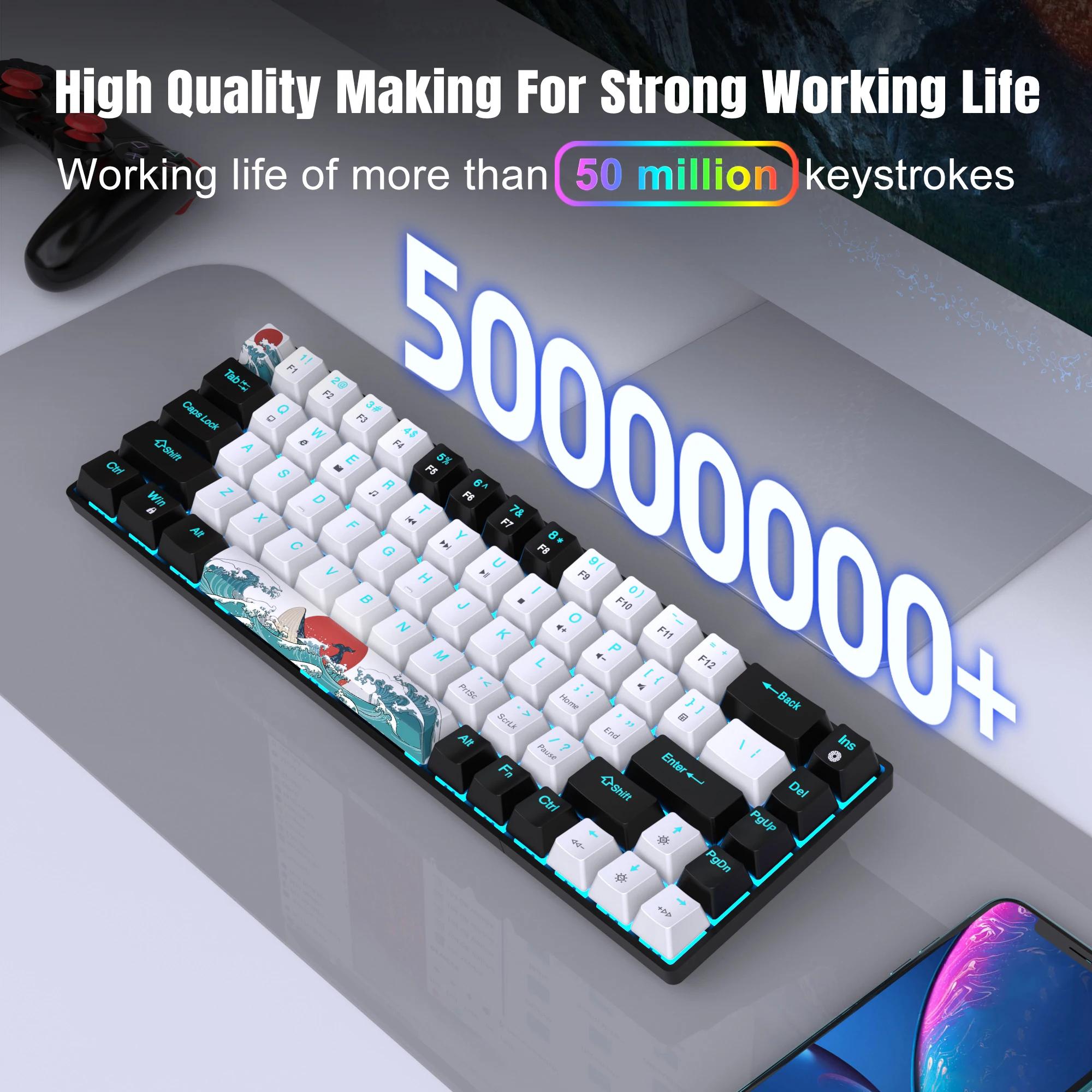 Mechanical Gaming Keyboard, 68 Keys Gaming Keyboard With Blue/Switches, Detachable Type-C Cable Mini Keyboard With Blue Light