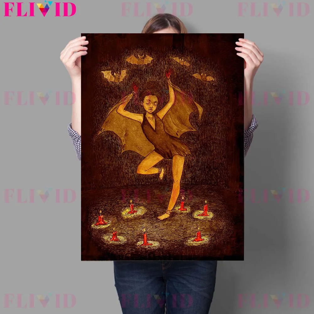 Black Cat That Brings Bad Luck And Bat Witch Vintage Wall Art Canvas Painting Fox And Werewolf Wicca Element Poster Prints