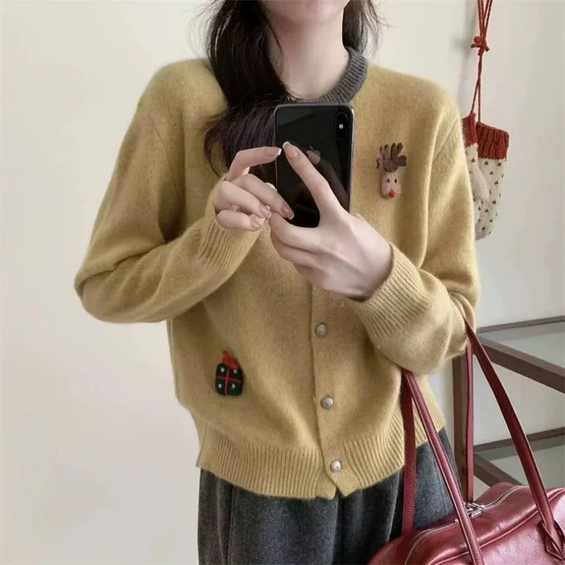 Women Korean Fashion Vintage Contrast Color Funny Cute 3D Cartoon Cardigan Casual Sweet Chic O Neck Long Sleeve Knitted Sweater