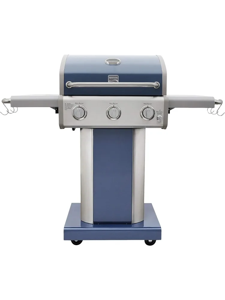 3-Burner Propane BBQ Grill, 30,000 BTUs Gas Grill with Cast Iron Cooking Grates, Folding Side Tables & Wheels, Outdoor Grill