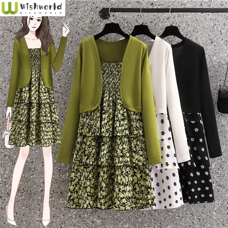 Set da donna di moda primavera/estate edizione coreana stampa fresca gonna dimagrante per torta protezione solare Cardigan corto Top in due pezzi