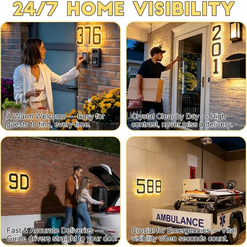 Solar LED House Numbers for Outside, Dusk to Dawn Light Up Illuminated Address Sign, IP65 Waterproof Modern Address Plaque