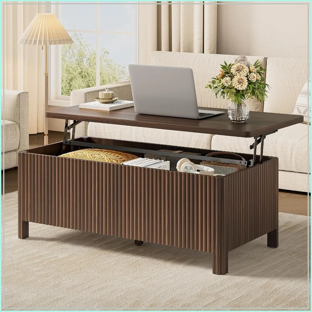 Fluted Lift Top Coffee Table, Mid-Century Modern Wood Coffee Table with Storage
