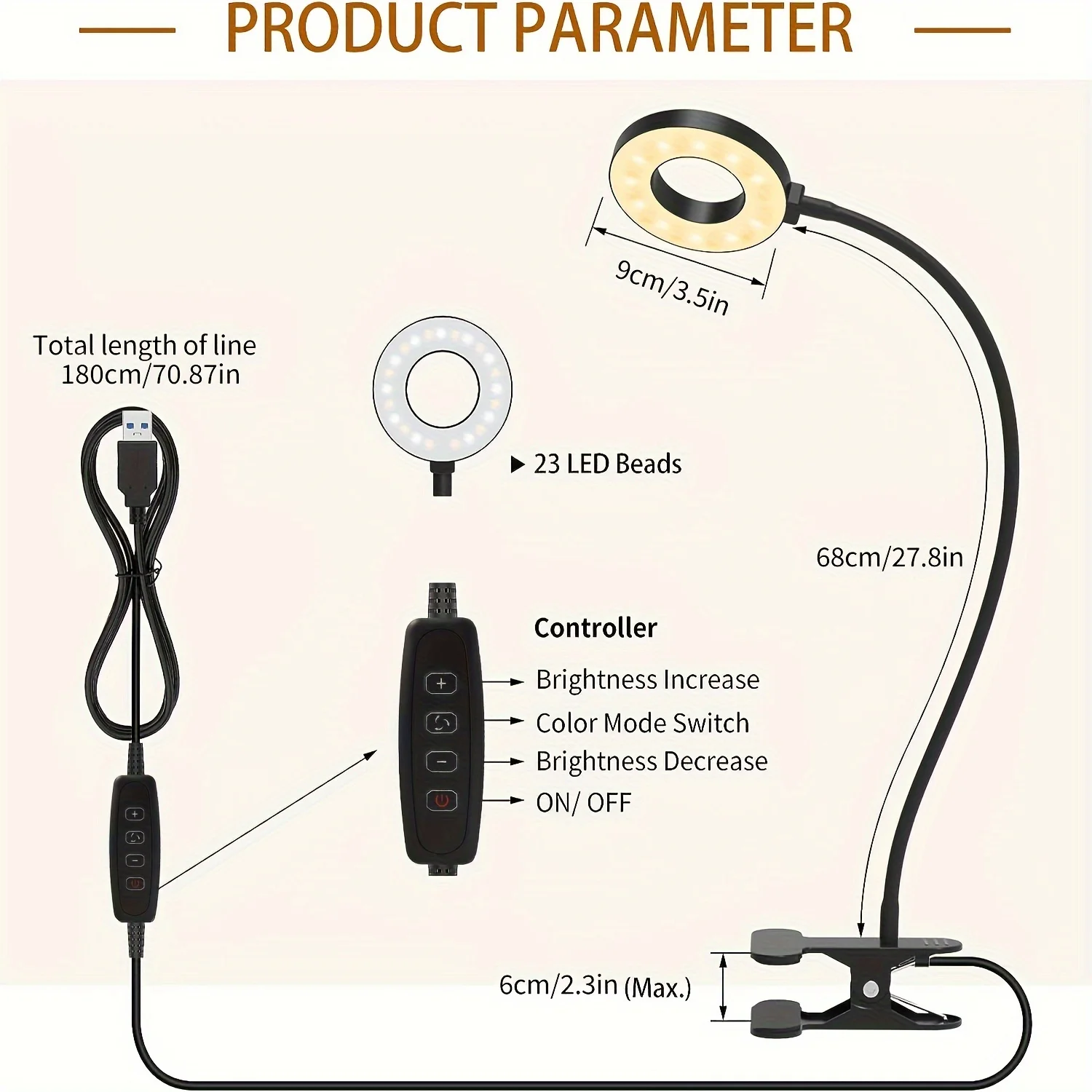 

Гибкая светодиодная лампа-ночник для чтения с зажимом, 3 цвета, 23 светодиода