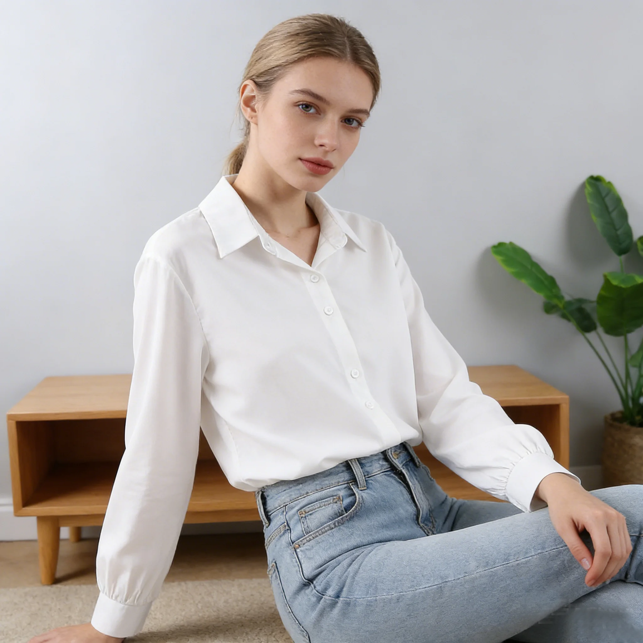 

Женская белая шифоновая блузка, бестселлер, свободный крой, воротник с лацканами, топ с длинными рукавами, элегантная женская блузка на пуговицах, весенняя одежда