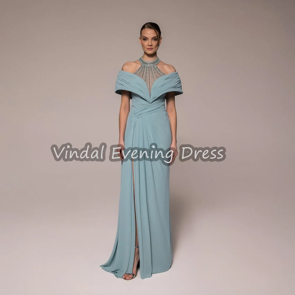

Vindal Crepe A-line O-neck Floor Length Pleats Simple Saudi Evening Dresses For Women 2025 With Beading Elegant Arab Party Dress