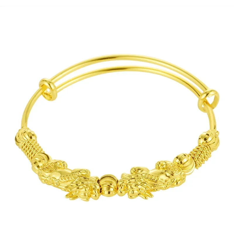 Original 18 K Yellow Gold Color Money Pixiu Transfer Beads Bracelets for Women Baby Golden Bangles Fine Jewelry Gifts Not Fade