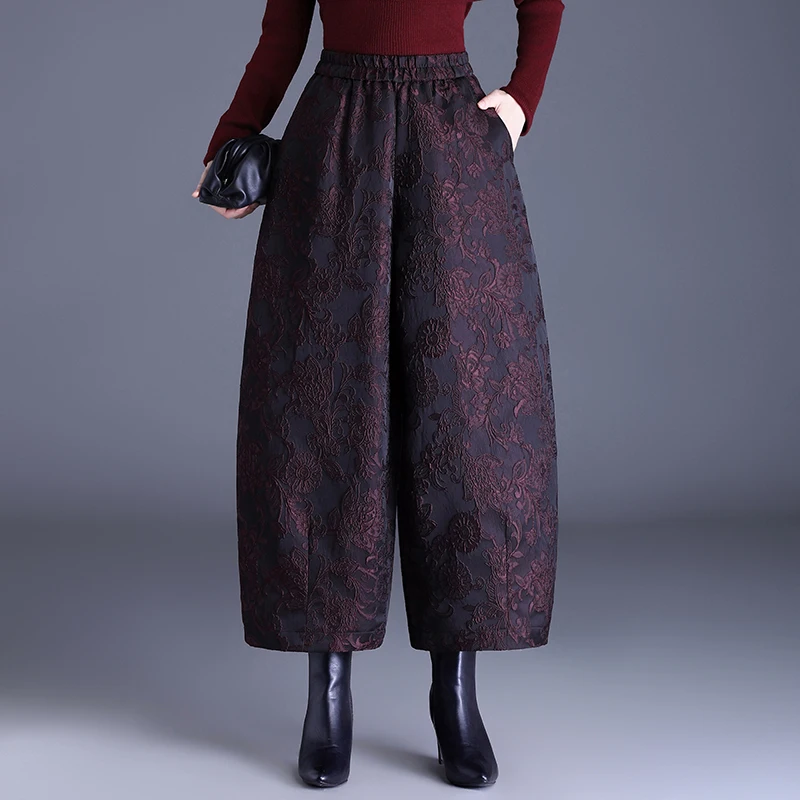 Chinese Style Embroidered Warmth Women's Wide Leg Pants Autumn Winter New Fashion Casual Nine Points Flower Bud Pants