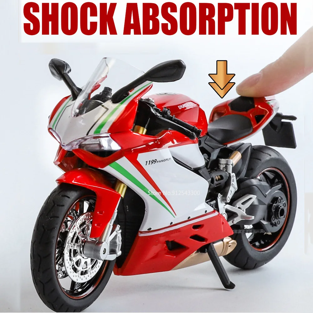 1/12 1199 Racing Motorcycle Model Car Toy Alloy Body Steerable Shock Absorption Front Wheels Sound Light Motorbike Model For Boy