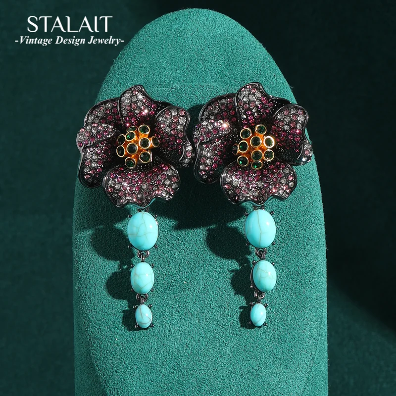 

Винтажные украшения, высококачественные черные стразы, серьги с цветком розы, большие серьги из натурального камня, роскошные дизайнерские аксессуары для женщин