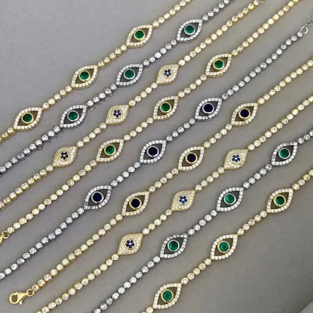 gold color green white cz cubic zirconia bezel cz tennis chain 3 pcs evil eye charm bracelet