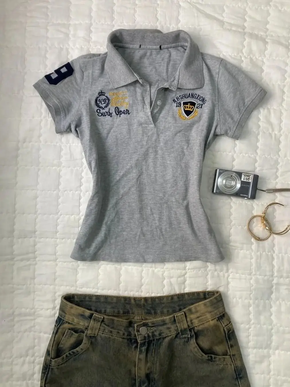 Camiseta de Manga Corta con Cuello , Corte Ajustado, para Mujer, Estilo Coreano, Retro Americano, Color Gris Vintage, Cin...