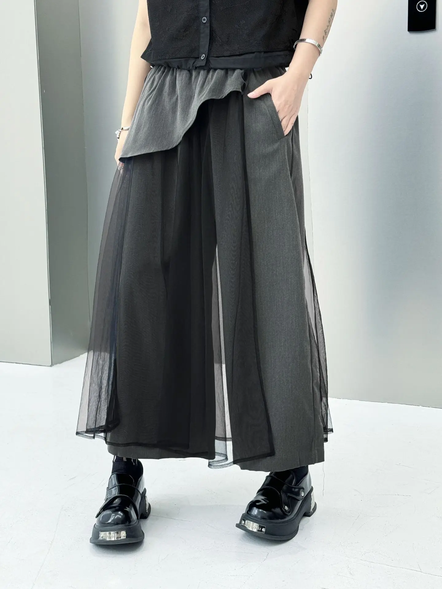 Personality Mesh Patchwork Design High Waist Wide Leg Pants Summer Woman Y2K Clothes Harajuku High Street Pants Pantalones