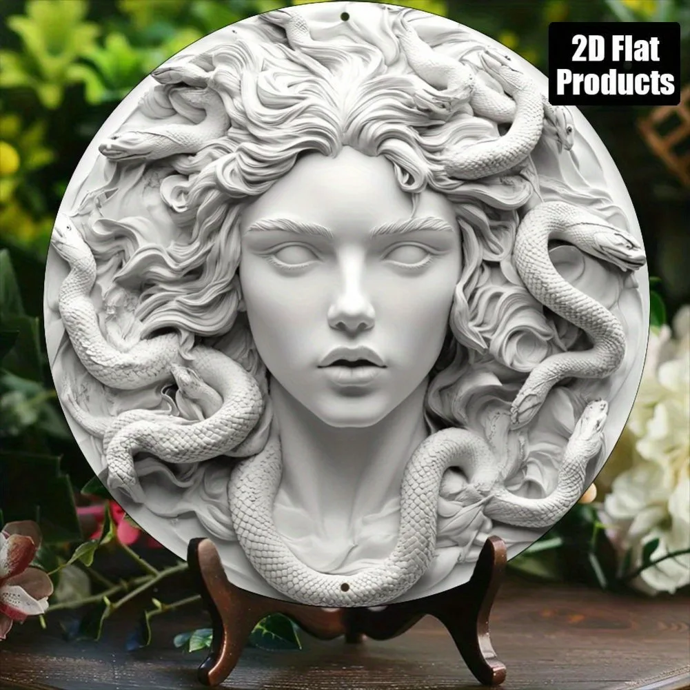 2D Flat, 1pc Medusa-Inspired Round Wall Art Sign - 8X8 Inch Greek Mythology Decoration Featuring Serpent Hair Design