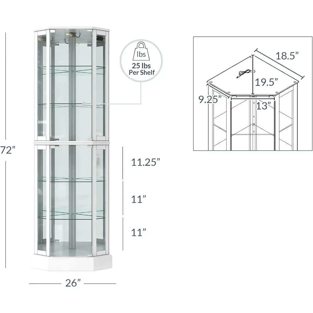 Lighted 3-Side Glass Display Curio Cabinet with Tempered Glass Doors and , Curved Wood Corner Cabinet with Bulb, Cabinets