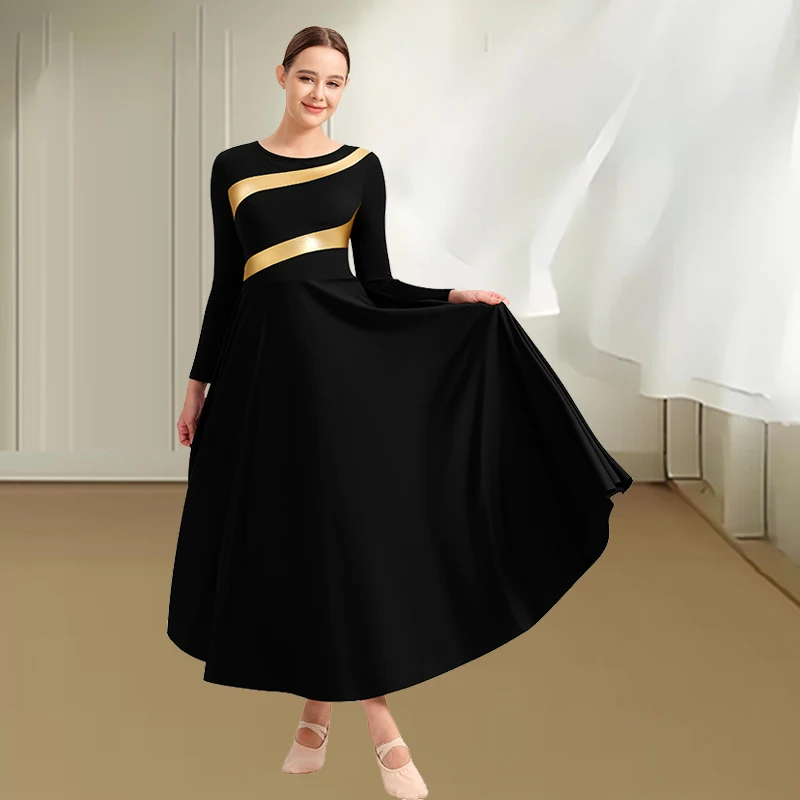 

Women's Long Sleeve Praise Dance Dress Liturgical Church Dancewear Metallic Costume Fit Full Length Church Dancewear