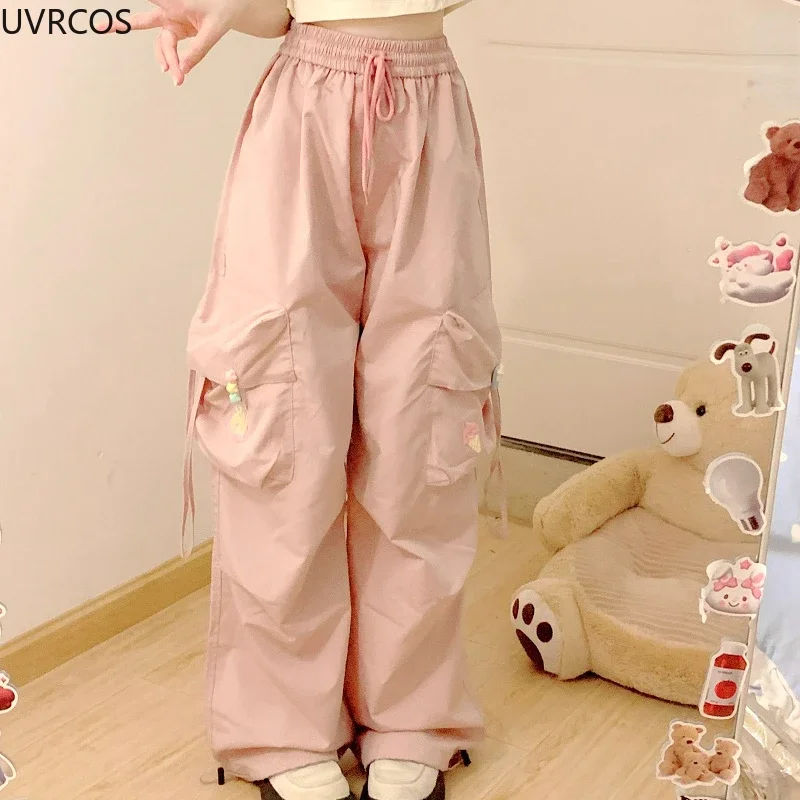 Pink Blue Japan Kawaii Casual Pants Women Sweet Flower Embroidery Buttons Pocket Sweatpants Korean Style Cute Wide Leg Trousers