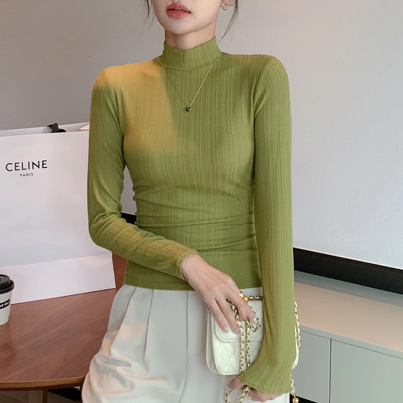 

2024 Women Autumn Winter Warm Solid Color Elasticity T-Shirts Female Slim Long Sleeve Tops Ladies Half-turtleneck T Shirt H375